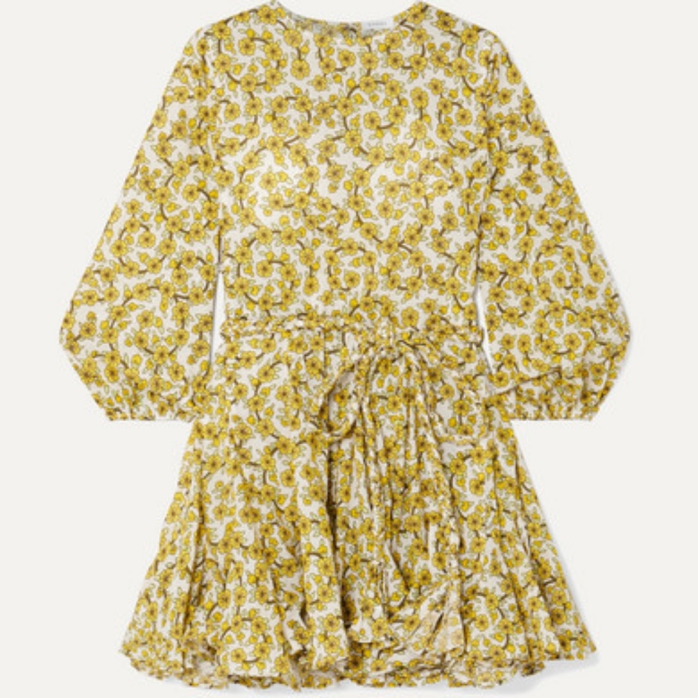 RHODE Yellow Floral Long Sleeve Mini Dress